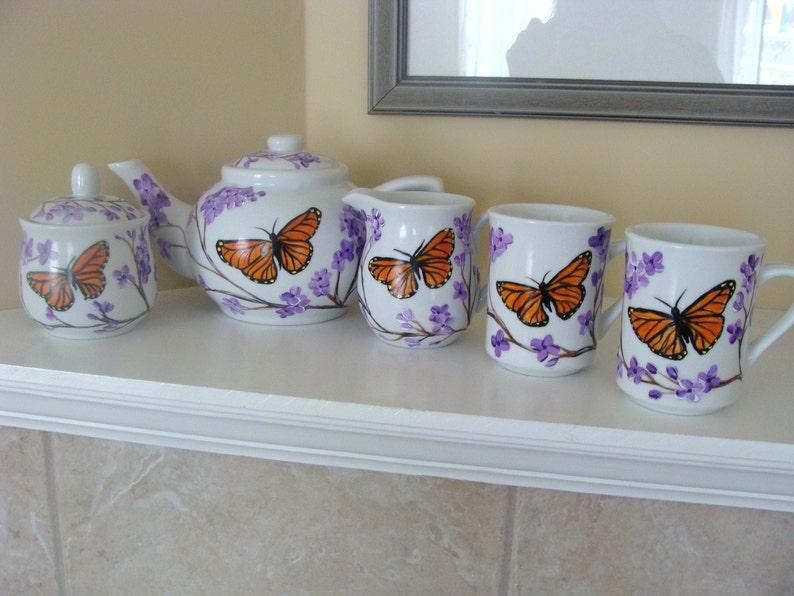 Spring Entertaining Lilac Mom Gift Tea set Burnt Orange Garden Party Mother/'s Day Gift Monarch Butterfly Cream and Sugar Butterflies
