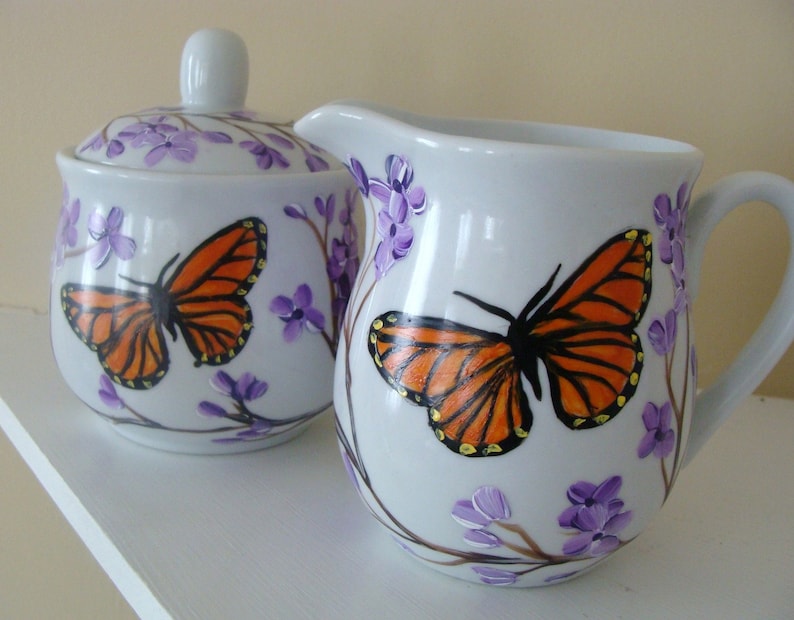 Spring Entertaining Lilac Mom Gift Tea set Burnt Orange Garden Party Mother/'s Day Gift Monarch Butterfly Cream and Sugar Butterflies