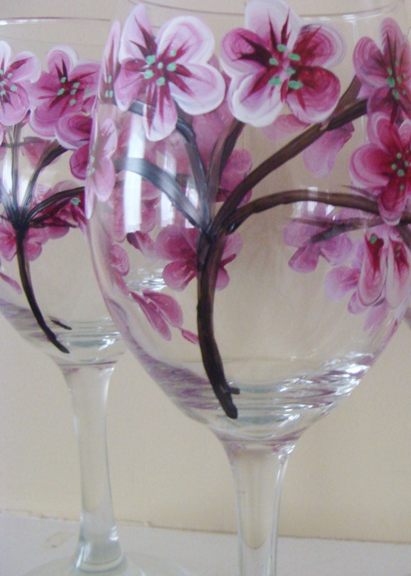 Cherry Blossom Wine Glasses Hand Painted Set of 2 Etsy