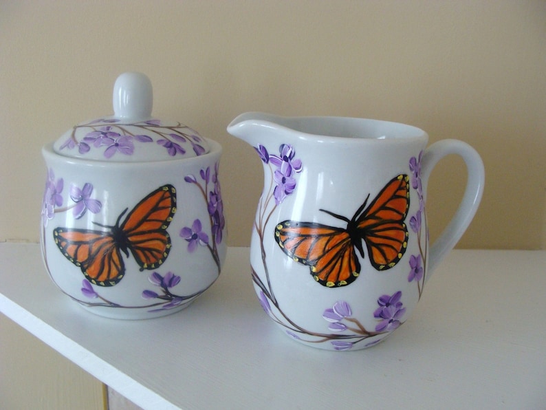 Spring Entertaining Lilac Mom Gift Tea set Burnt Orange Garden Party Mother/'s Day Gift Monarch Butterfly Cream and Sugar Butterflies
