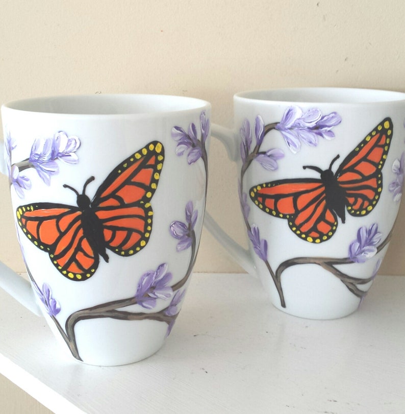 Monarch Butterfly Mugs With Lilacs Large Mug Set Etsy
