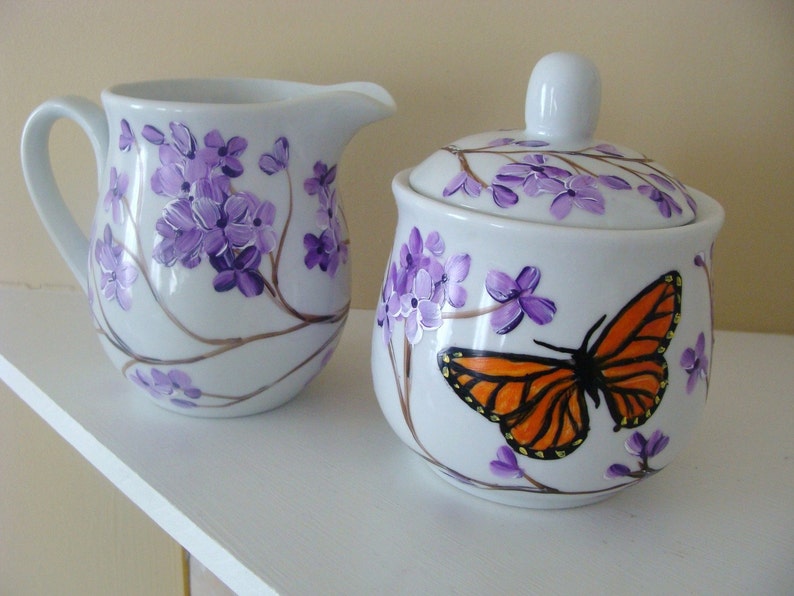 Spring Entertaining Lilac Mom Gift Tea set Burnt Orange Garden Party Mother/'s Day Gift Monarch Butterfly Cream and Sugar Butterflies