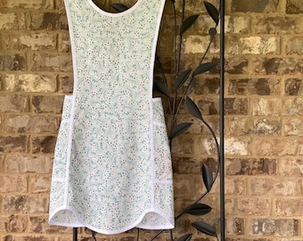 Cross back- Light Teal, White, and Yellow Floral Print - Vintage style, full coverage pinafore apron for women