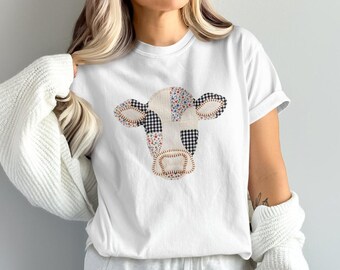 Patchwork Cow PNG, Farm Animal Head, Gingham Floral Design (Digital Download)