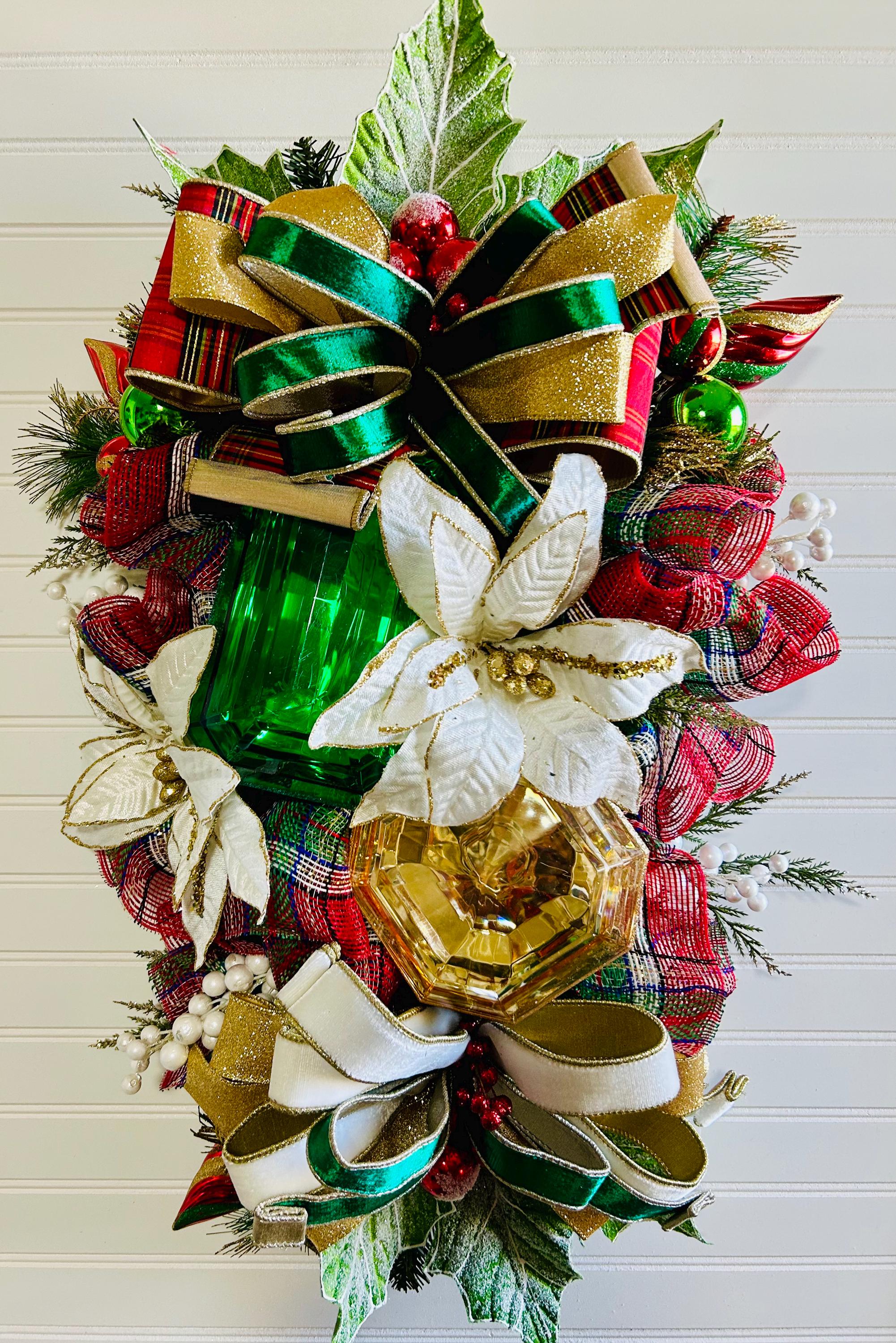 Christmas Swag with White Poinsettias, Ornaments, and Farrisilk Jewels | Holiday Décor