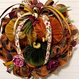 Limited Edition | Elegant Fall Pumpkin Pine Wreath with Farrisilk Ribbons