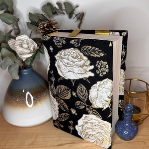 Ravished Roses Embroidered Book Jacket: Black, White, & Gold Reusable Book Cover with Satin Bookmark