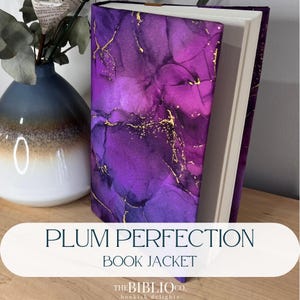 Plum Perfection Book Jacket: Purple & Gold Cotton Adjustable Reusable Book Cover with Satin Bookmark