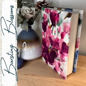 Bursting Blossoms Book Jacket - Pink, Blue, and Yellow Florals on Suede, Protective Reusable Book Cover for Paperback & Hardcover Books