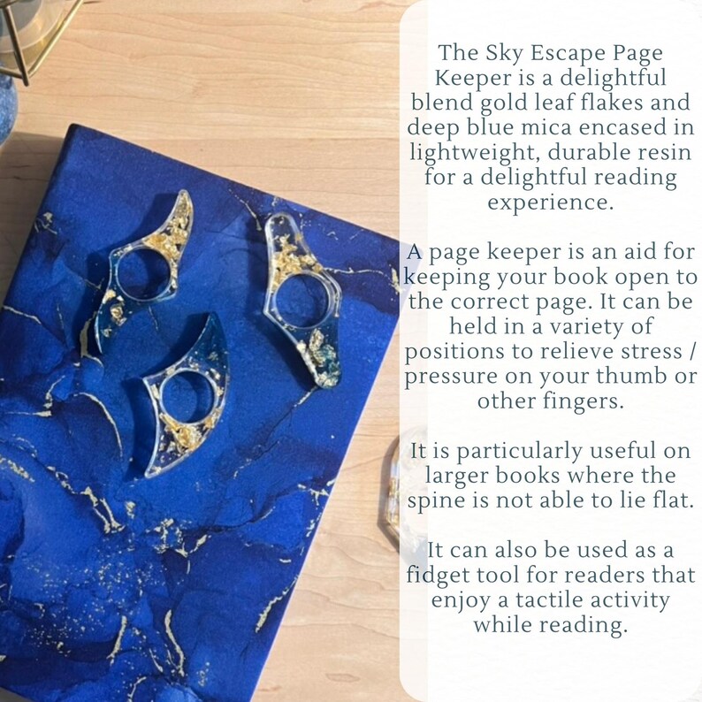 May include: Three crescent-shaped resin page keepers featuring deep blue mica and gold leaf flakes. Each piece has a circular opening for a finger. The text on the right describes the product as The Sky Escape Page Keeper for reading.