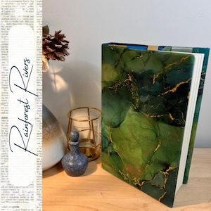 Rainforest Rivers Book Jacket – Green & Blue Hues with Gold Accents, Protective Reusable Book Cover for Paperback / Hardcover Books