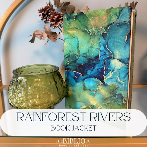 Rainforest Rivers Book Jacket: Rushing Green, Blue & Gold Custom Book Cover with Satin Ribbon
