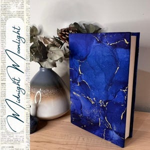 Midnight Moonlight Fabric Book Jacket – Deep Blue Hues with Gold Accents, Protective Reusable Book Cover for Paperback & Hardcover Books