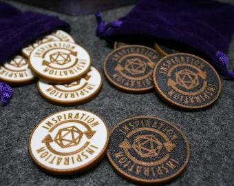 Inspiration Tokens Set of 5 With Velvet Bag | Tabletop Coins | DnD RPG DM Gift