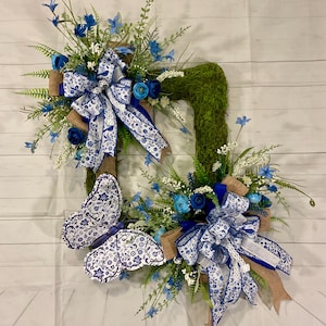 Delft Blue Wreath with Butterflies | Trending Blue & White Door Decor | Chinoiserie Wreath |