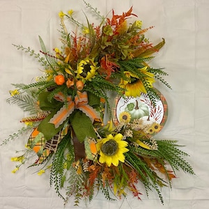 Fall Pumpkin Welcome Swag | Sunflower Door Wreath | Farmhouse Autumn Decor
