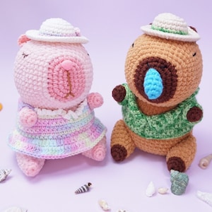 Capybara Couple Plushies Crochet Pattern, Capybara Sneezing Crochet in English and Pink Capybara Soft Amigurumi, Handmade Children&#39;s Gift