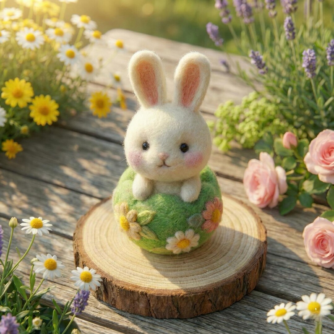 Needle Felted Bunny Figurine: Handmade Wool Rabbit in Flower Basket - Etsy