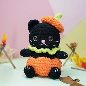 May include: A black crocheted cat wearing an orange and green crocheted pumpkin costume. The cat is sitting on a light blue surface with fall-themed decorations.