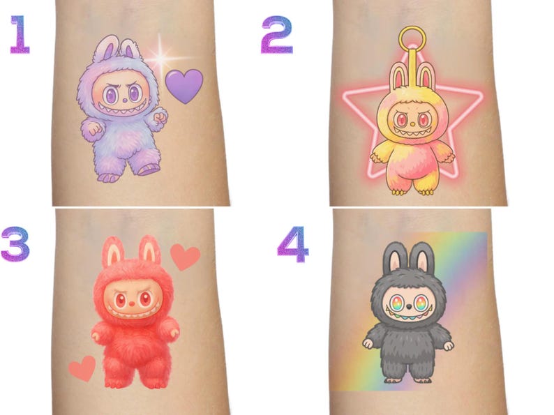 Puede incluir: Cuatro dise&ntilde;os de tatuajes temporales con personajes de dibujos animados con trajes de conejito. Los dise&ntilde;os incluyen un conejito morado con un coraz&oacute;n, un conejito amarillo con una estrella, un conejito rojo con corazones y un conejito gris con un fondo de arco&iacute;ris.