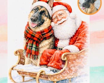 Könnte beinhalten: Aquarellkunstwerk von Santa Claus und einem Deutschen Schäferhund in einem Schlitten. Beide tragen Weihnachtsmützen, und der Hund hat einen rot-schwarz karierten Schal. Der Text "FROM PHOTO TO WATERCOLOR ARTWORK" ist enthalten.