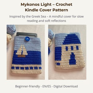 Crochet Kindle Cover Pattern – Mykonos Light · Intarsia - Tapestry PDF · Greek Sea Inspired · Beginner · EN/ES · Digital Download