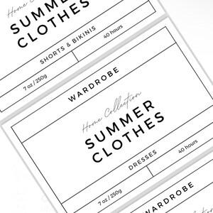 May include: Two black and white printable labels for a summer wardrobe. The top label reads "Home Collection Summer Clothes Shorts & Bikinis 7 oz/250g 40 hours Wardrobe". The bottom label reads "Home Collection Summer Clothes Dresses 7 oz/250g 40 hours Wardrobe".
