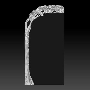 May include: A rectangular black stone monument featuring a vertical relief carving of a tree trunk along the left side that curves across the top. The carving includes detailed leaves and five-petaled flowers integrated into the stone surface.