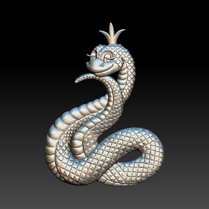 May include: A silver-coloured, stylised snake sculpture wearing a crown. The snake has a smiling face and a textured, scale-like pattern. The sculpture is set against a black background.