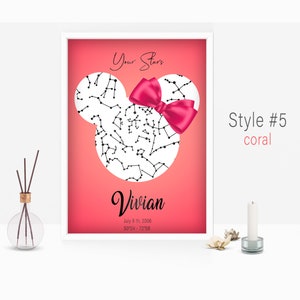 May include: A coral pink background with a white silhouette of Mickey Mouse's head with a pink bow. The silhouette is filled with constellations. The text "Your Stars" is at the top of the image. The text "Vivian" is below the silhouette, along with the date "July 8th, 2006" and the coordinates "50°04 - 72°58". The text "Style #5 coral" is in the upper right corner of the image.