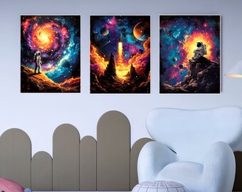 Space Nursery Print Set, Nursery Decor, Playroom Wall Art, Astronaut Print, Planets Rocket Print, Digital Download