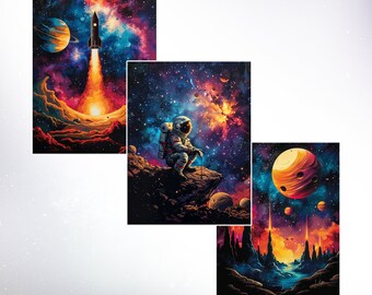 Space Prints for Kids Room Astronaut Planet Wall Art Space Watercolor Prints Set of 3 Rocket Posters DIGITAL DOWNLOAD