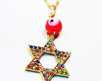 Star of David Goldtone Magen David Necklace Set, Religious Jewelry Evil Eye Jewelry