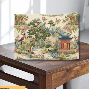 Chinoiserie Red Pagoda Floral Mah Jong-zakje, botanische preppy toilettas