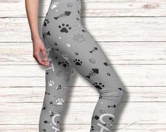 Gray Cat Paw Leggings, Cat Fish Yoga Pants, Cat Lovers Workout Pants, Cat Themed Gifts, Gift for Mom, Cat Lover Leggings