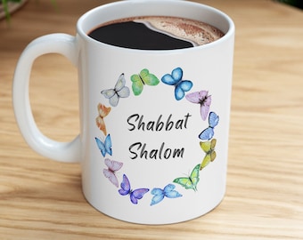 Shabbat Shalom Ceramic Coffee Mug, Butterfly Bat Mitzvah, Gifts for Rabbi, Hebrew Teacher