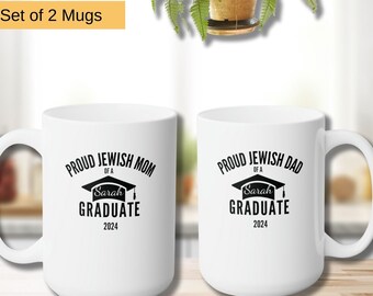 Personalized Jewish Mom and Dad of a Graduate Coffee Mug Set, Graduation Gifts, High School, College Graduations, Master's Degree, PhD