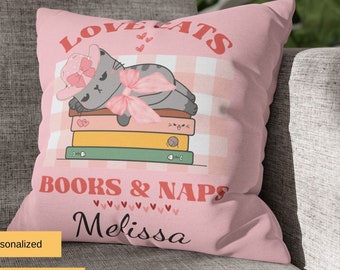 Personalized Cat Coquette Pillow, gifts for, Cat Lover Pillowcase, Book Lover Throw Pillow, Cat Mom Gift, Coquette Style, Decorative Pillow