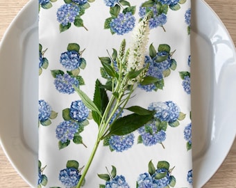 Blue Hydrangea Cloth Table Napkins, Botanical Home Decor Linens, Floral Wedding or Hostess Gifts