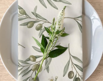 Olives Branch Table Linens, Mediterranean Botanical Greenery, Wedding Hostess Gifts, Modern Heirloom