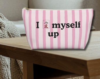 Funny Preppy Style Mahjong Makeup Bag I Crak Myself Up, Pink Striped Mah Jong Zipper Pouch Tile Bag Gift for Mahjongg Player