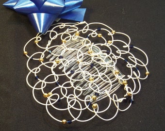 White Wire kippah, Bat Mitzvah Kippot for Women, Synagogue Hat White Wire Gold Beads & Indigo Crystals 4.5"