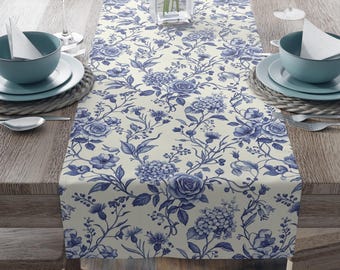 Blue Toile Table Runner, Vintage Blue Floral Style, Modern Heirloom Home Decor