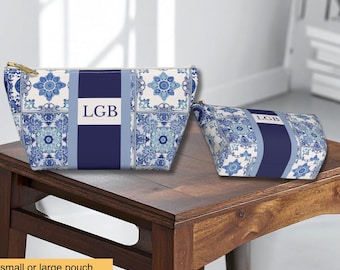 Blue Chinoiserie Monogram Initials Mah Jong Pattern Tote Bag, Mahj Lover Elegant Carryall