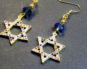 Star of David Rhinestone Charm Earrings, Judaica Gifts, Religious Jewish Jewelry