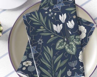Hanukkah Menorah Napkins Table Linens, Hostess Gifts, Modern Heirloom Jewish Art, Upscale Dining