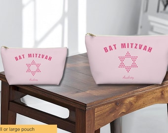 Pink Star Personalized Bat Mitzvah Accessory Pouch, Zipper Makeup Keepsake
