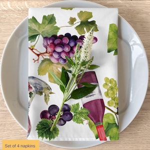 Wine and Grapes Watercolor Cloth Napkins Table Runner, Home Décor, Wine Lovers Gifts, Hostess Table Décor Gifts, Vineyard Decor