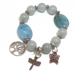 March Birthstone Jewelry, Aquamarine Gemstone Beaded Charm Bracelet image 1