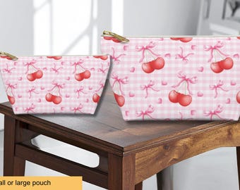 Cherries Bat Mitzvah Makeup Pouch, Pink Gingham Cosmetic Tote Bag